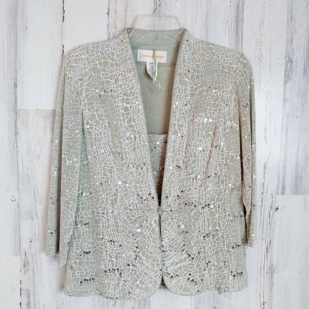 Jeanne Alexander 2 Piece Set Jacket Tank Top Sparkle Sequin Green Silver SMALL